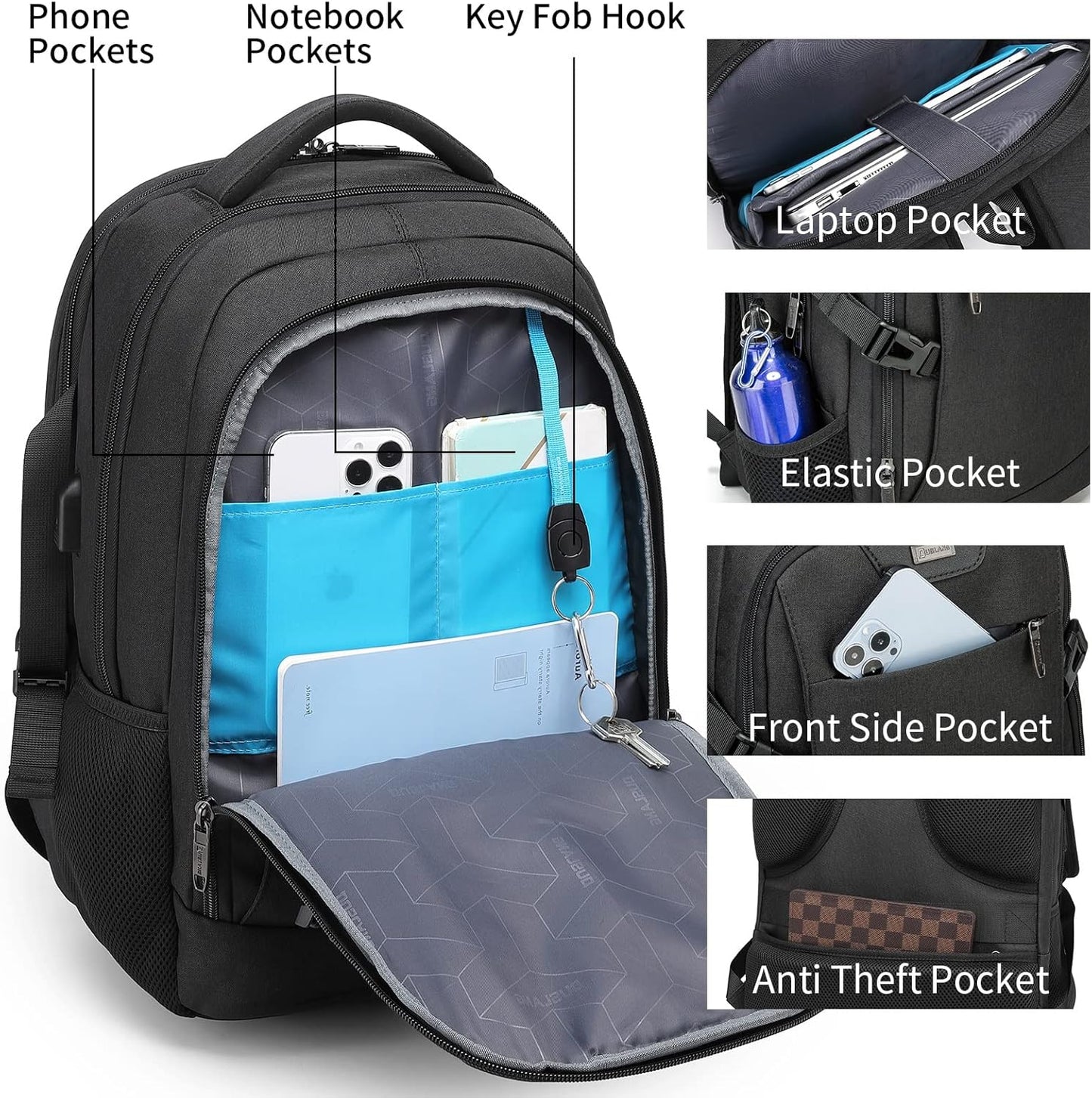 Wasserabweisender Reise-Laptop-Rucksack mit USB-Anschluss & organisierter Aufbewahrung | Brehn
