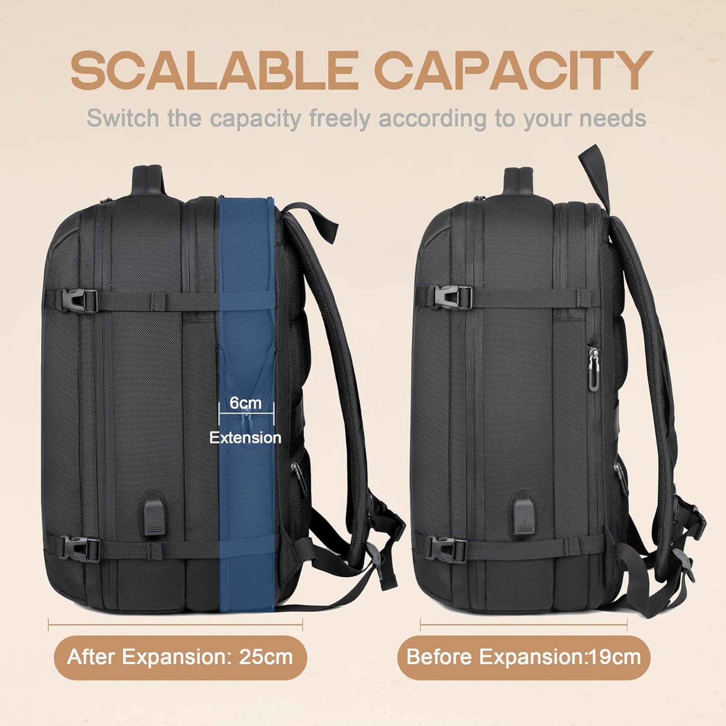 40L erweiterbarer wasserdichter Reiserrucksack mit USB-Anschluss & 17” Laptopfach – AirVoyage | Brehn