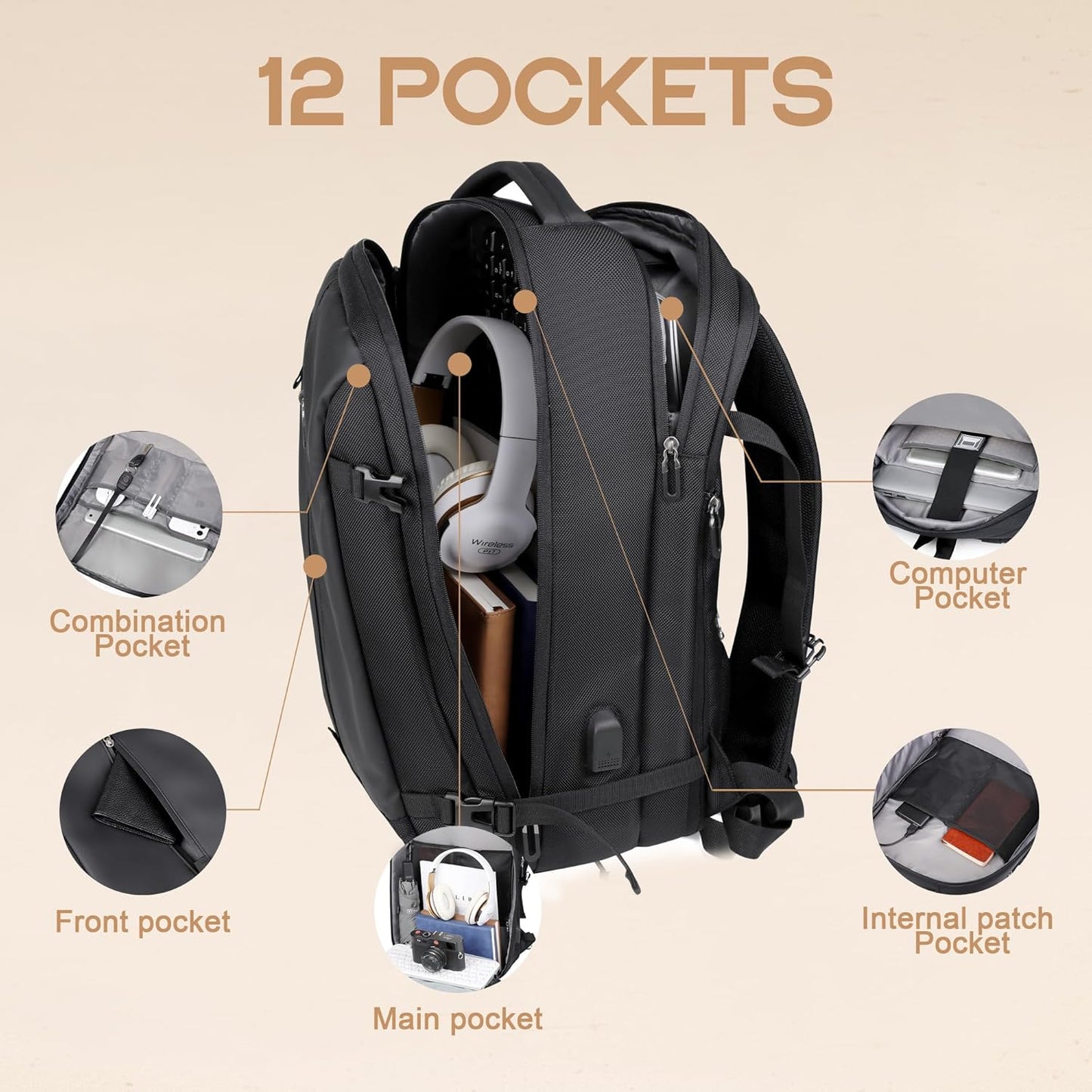 40L erweiterbarer wasserdichter Reiserrucksack mit USB-Anschluss & 17” Laptopfach – AirVoyage | Brehn