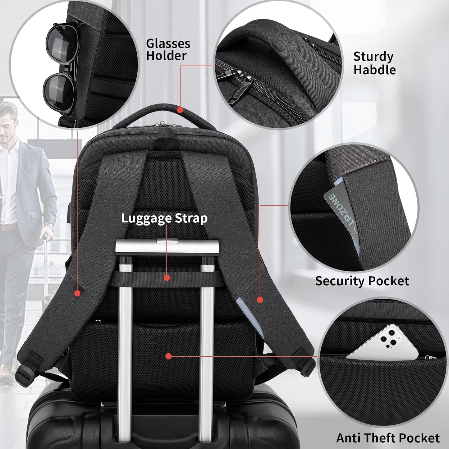 Wasserabweisender Reise-Laptop-Rucksack mit USB-Anschluss & organisierter Aufbewahrung | Brehn
