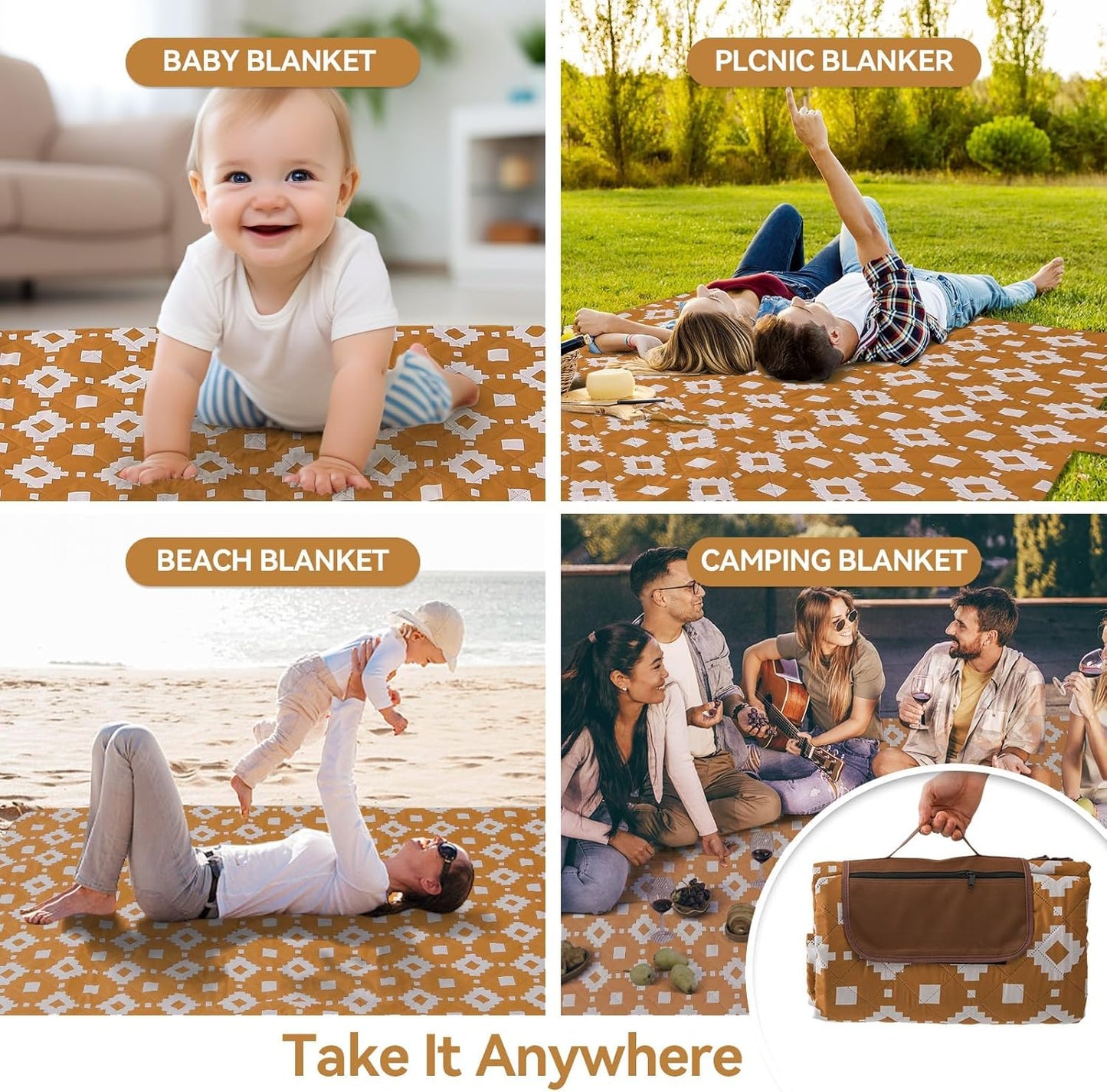 Extra große, wasserdichte Picknickdecke 200 × 200 cm mit 3 Lagen – MeadowRest
