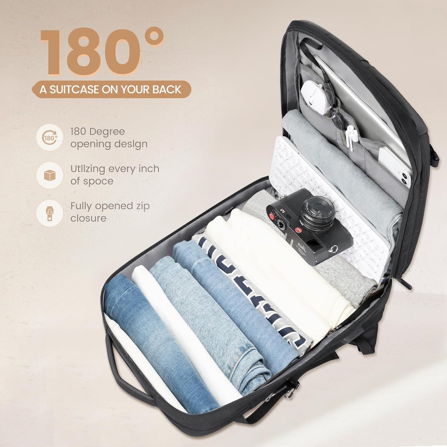 40L erweiterbarer wasserdichter Reiserrucksack mit USB-Anschluss & 17” Laptopfach – AirVoyage | Brehn