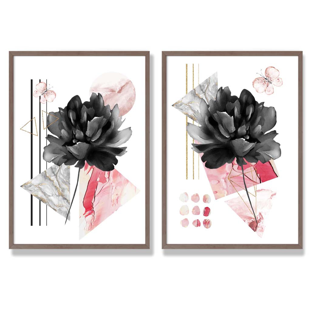 Moderne Blumen in Schwarz und Rosa – gerahmtes Set aus 2 Kunstdrucken