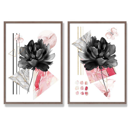 Moderne Blumen in Schwarz und Rosa – gerahmtes Set aus 2 Kunstdrucken