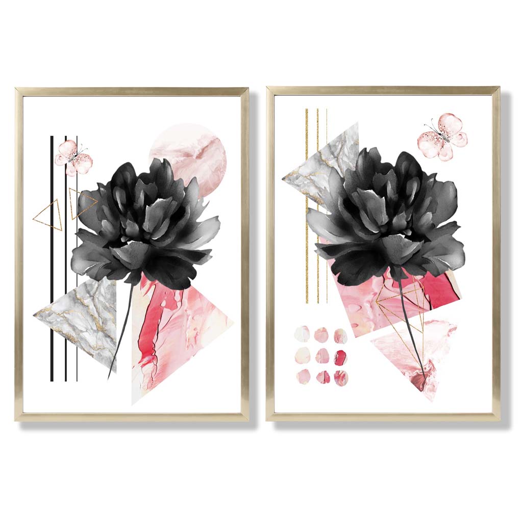 Moderne Blumen in Schwarz und Rosa – gerahmtes Set aus 2 Kunstdrucken