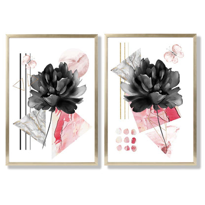 Moderne Blumen in Schwarz und Rosa – gerahmtes Set aus 2 Kunstdrucken