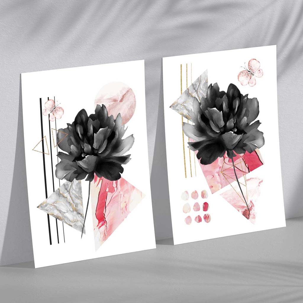 Moderne Blumen in Schwarz und Rosa – gerahmtes Set aus 2 Kunstdrucken