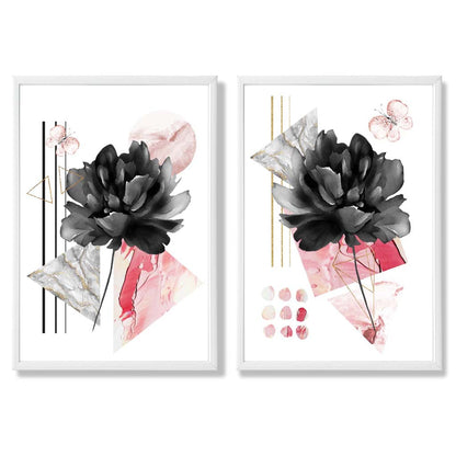 Moderne Blumen in Schwarz und Rosa – gerahmtes Set aus 2 Kunstdrucken