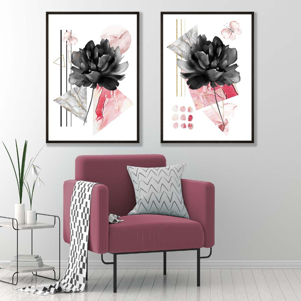 Zeitgenössische Blumen in Schwarz und Rosa, 2er-Set Kunstdrucke