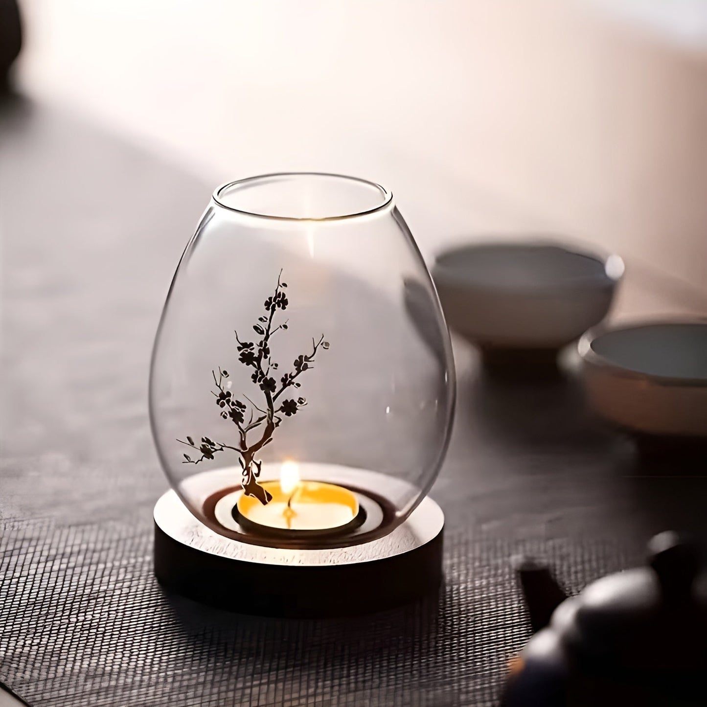 2-teiliges Set aus Glaskerzenhaltern mit Holzsockel – dekorativ im Retro-Zen-Stil | Perfekt für Wohnzimmer, Terrasse und Außenbereich