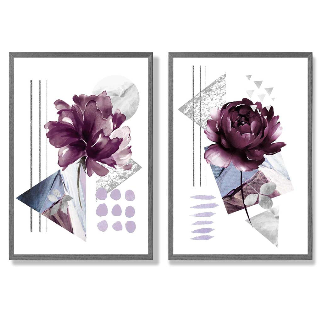 Moderne Blumen im lila Rahmen, 2er-Set Kunstdrucke