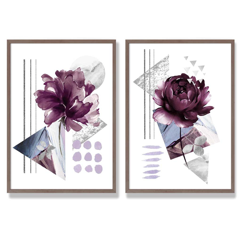 Moderne Blumen im lila Rahmen, 2er-Set Kunstdrucke