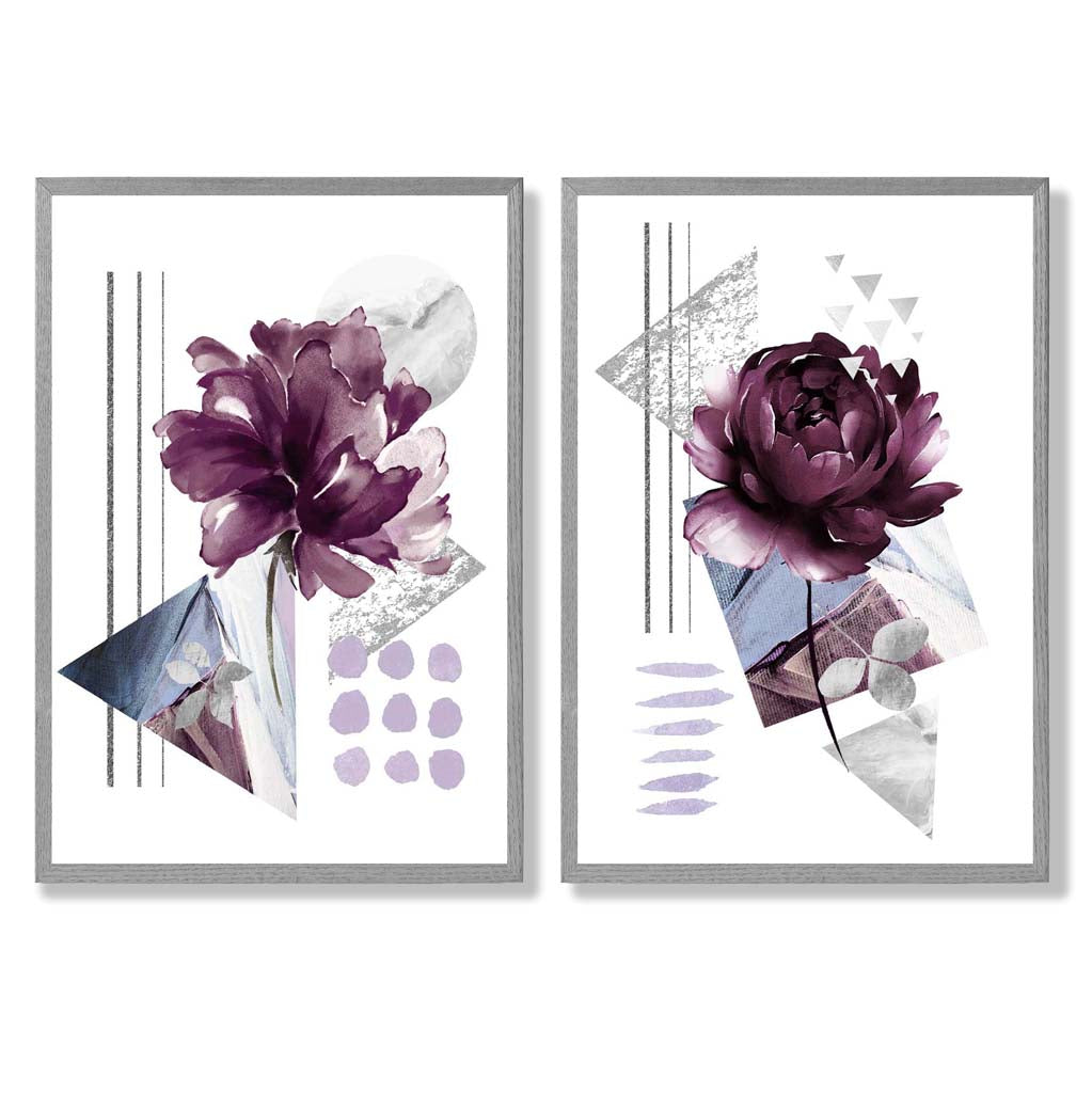 Moderne Blumen im lila Rahmen, 2er-Set Kunstdrucke