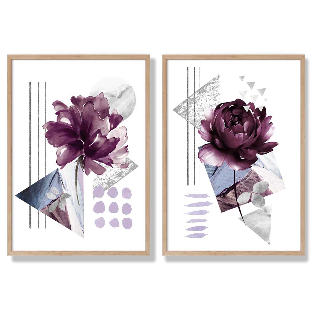 Moderne Blumen im lila Rahmen, 2er-Set Kunstdrucke
