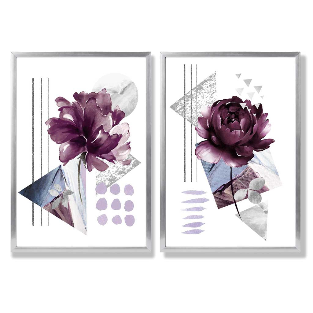 Moderne Blumen im lila Rahmen, 2er-Set Kunstdrucke