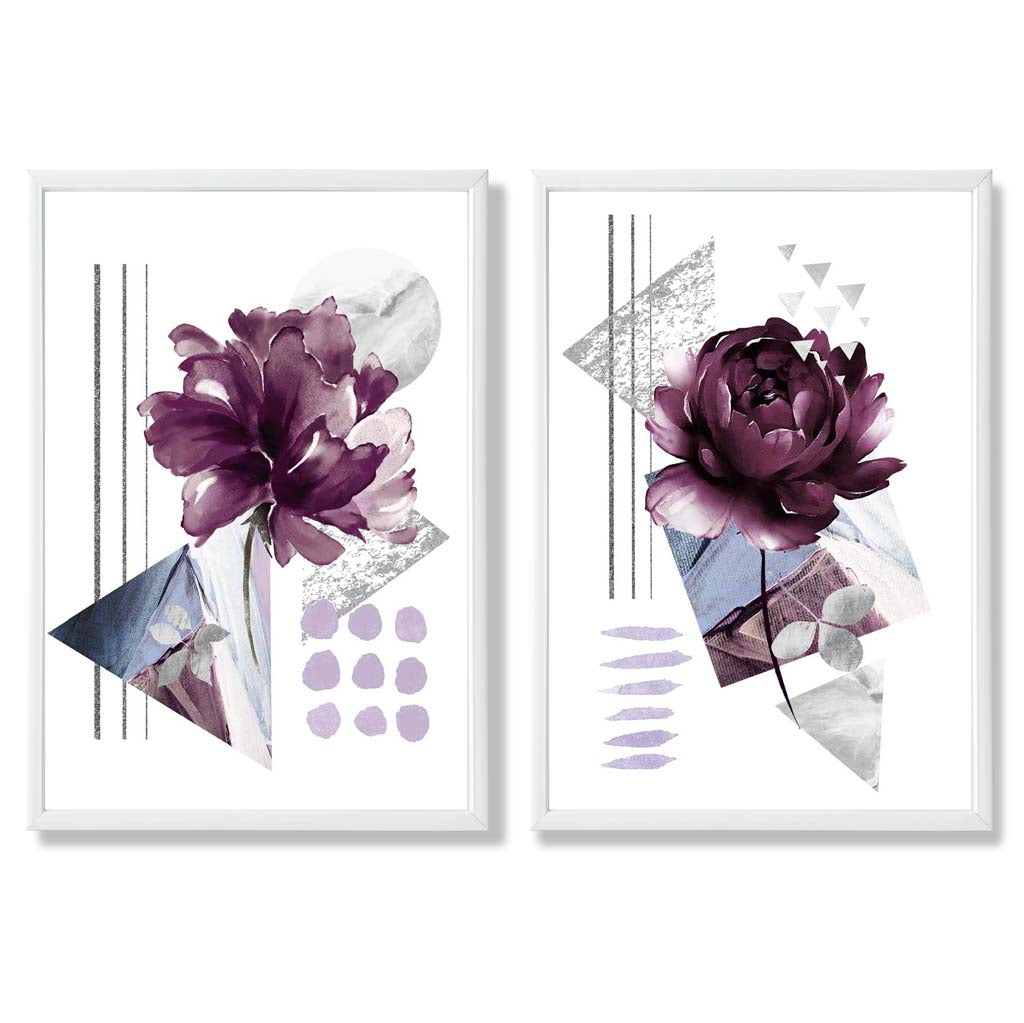 Moderne Blumen im lila Rahmen, 2er-Set Kunstdrucke