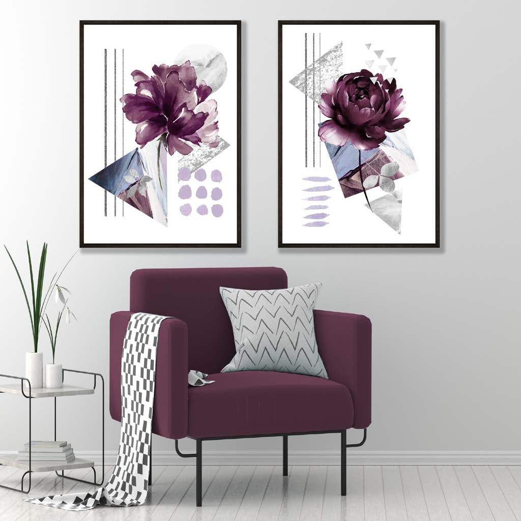 Moderne Blumen im lila Rahmen, 2er-Set Kunstdrucke