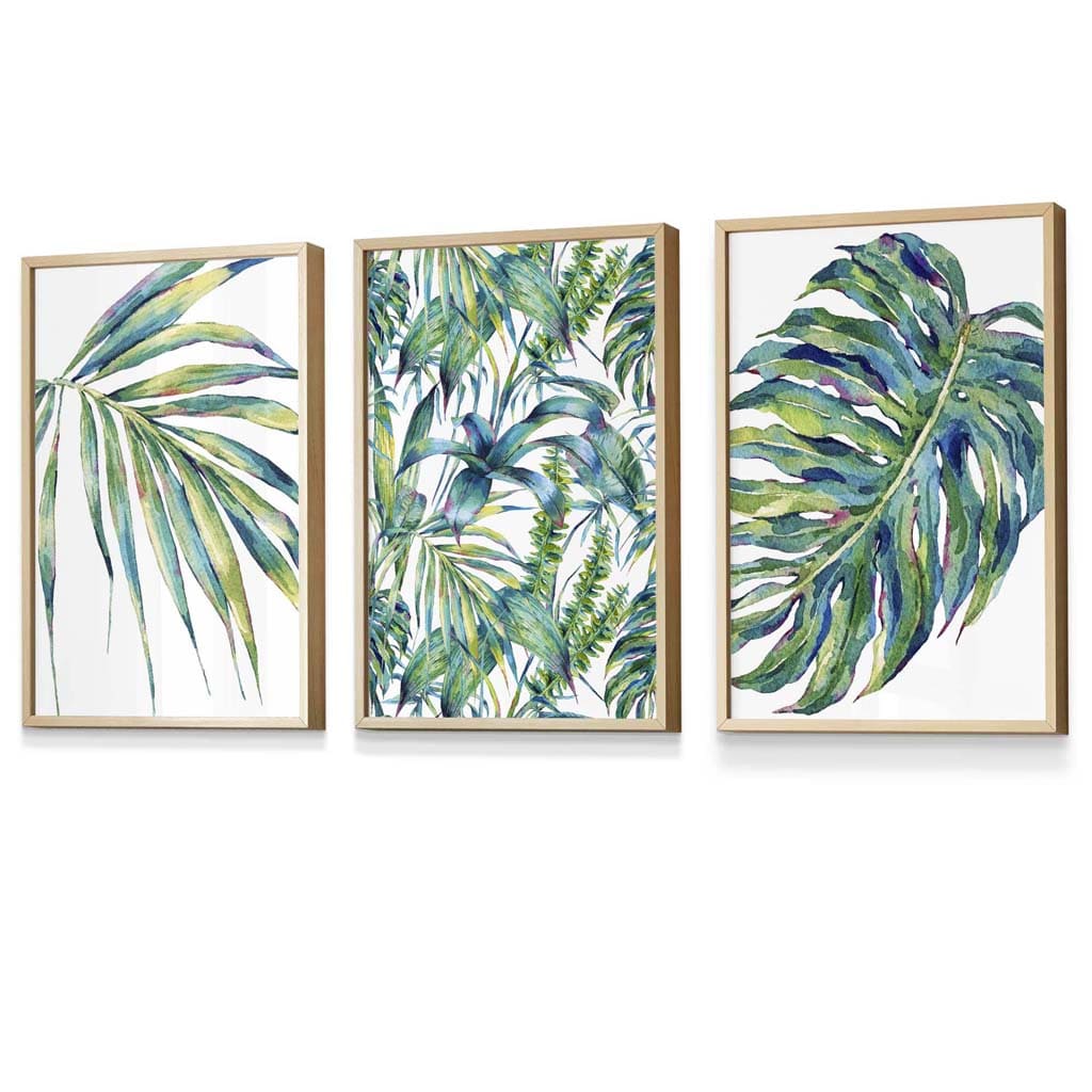 Botanisches Motiv in Blaugrün, 3-teiliges Set gerahmter Wandbilder