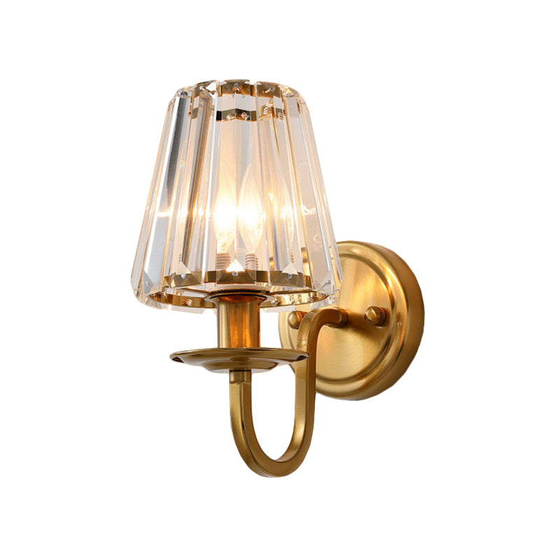Moderne Kegel Wandlamp 1 Kopf K9 Kristall Wandleuchte in Gold mit Bogenarm | Brehn