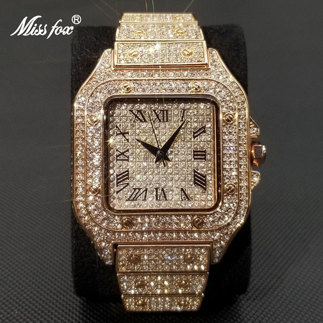 Brehn | MISSFOX Ice Out Square Herrenuhr | 18K Gold Nano-Vakuum-Beschichtung | Schweizer Quarz-Uhrwerk | Vollbesetzt mit Lab-Diamanten | Edelstahl-Gehäuse | Wasserdicht 3 ATM