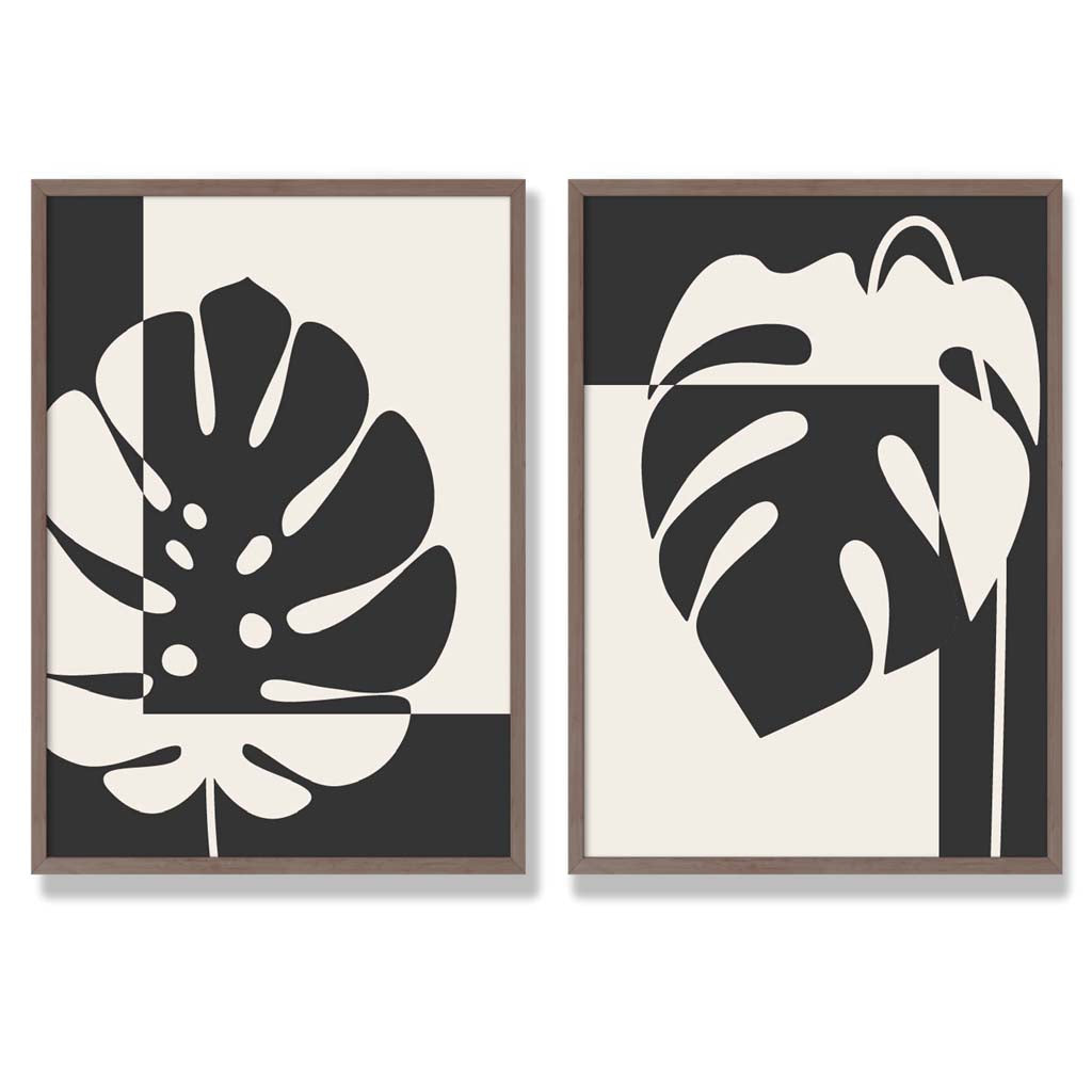 Set aus 2 gerahmten Kunstdrucken mit Monstera-Motiven in Schwarz und Beige