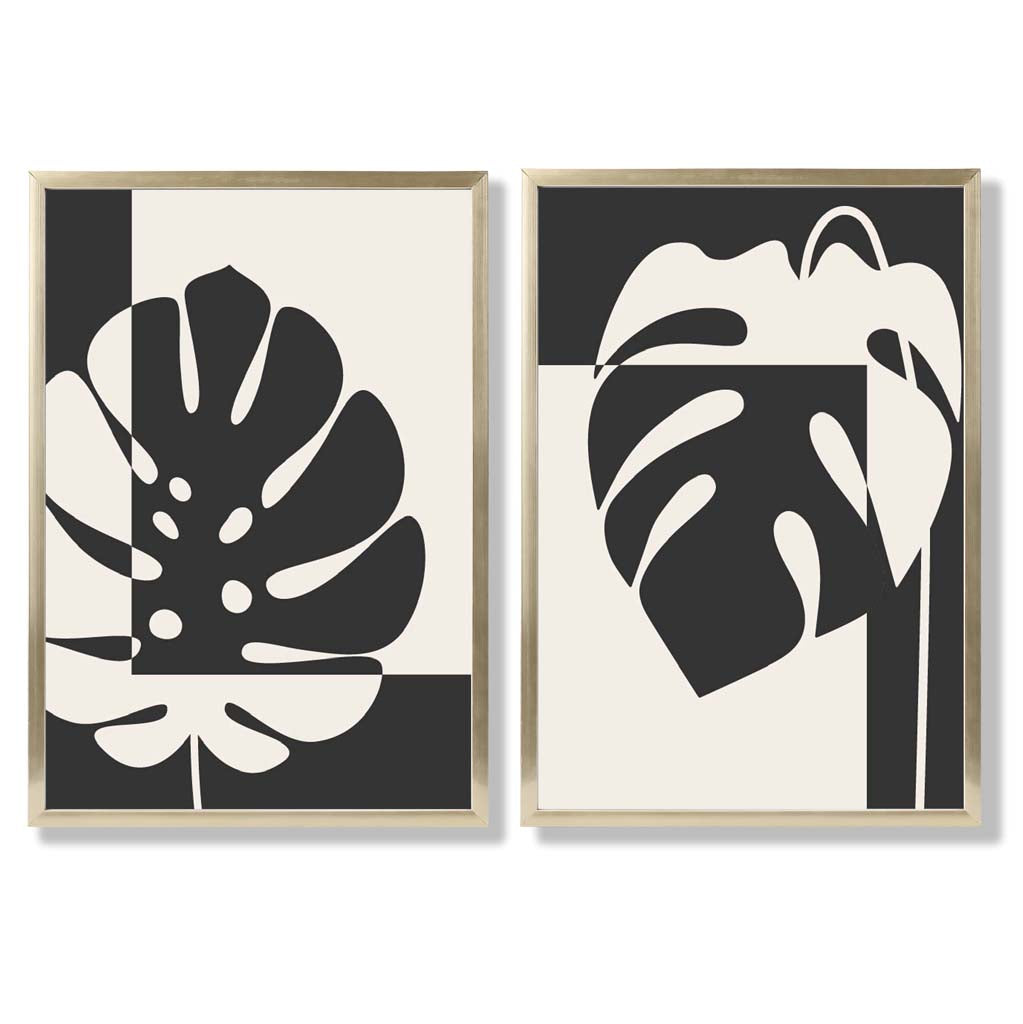 Set aus 2 gerahmten Kunstdrucken mit Monstera-Motiven in Schwarz und Beige