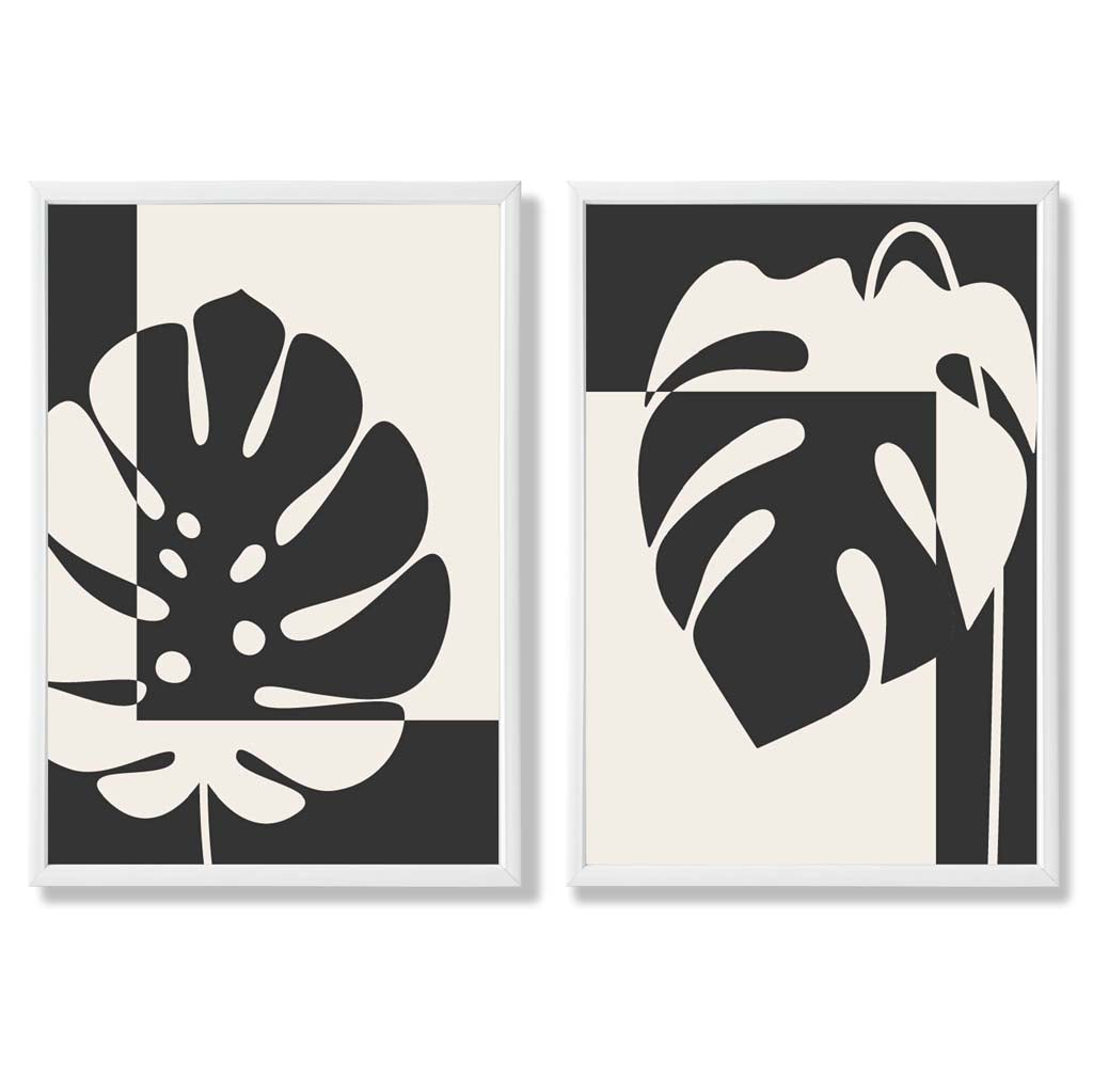 Set aus 2 gerahmten Kunstdrucken mit Monstera-Motiven in Schwarz und Beige