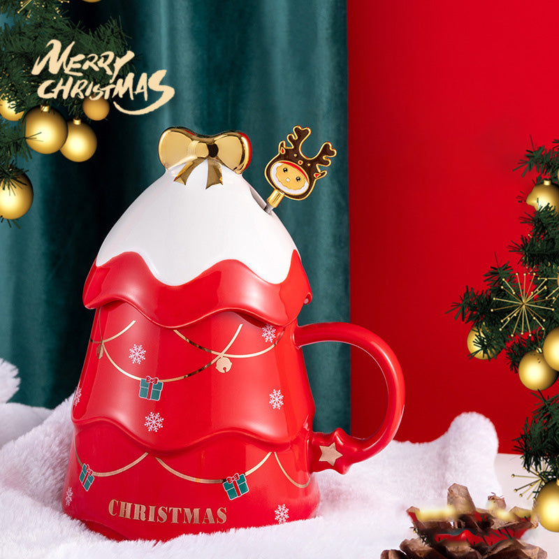 Brehn | Weihnachtsbecher Geschenk mit Deckel und Rührer Große Kapazität Keramikkaffeetasse