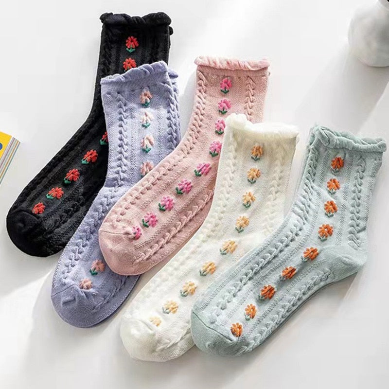 5 Paar Vintage Blumen Stickerei Socken