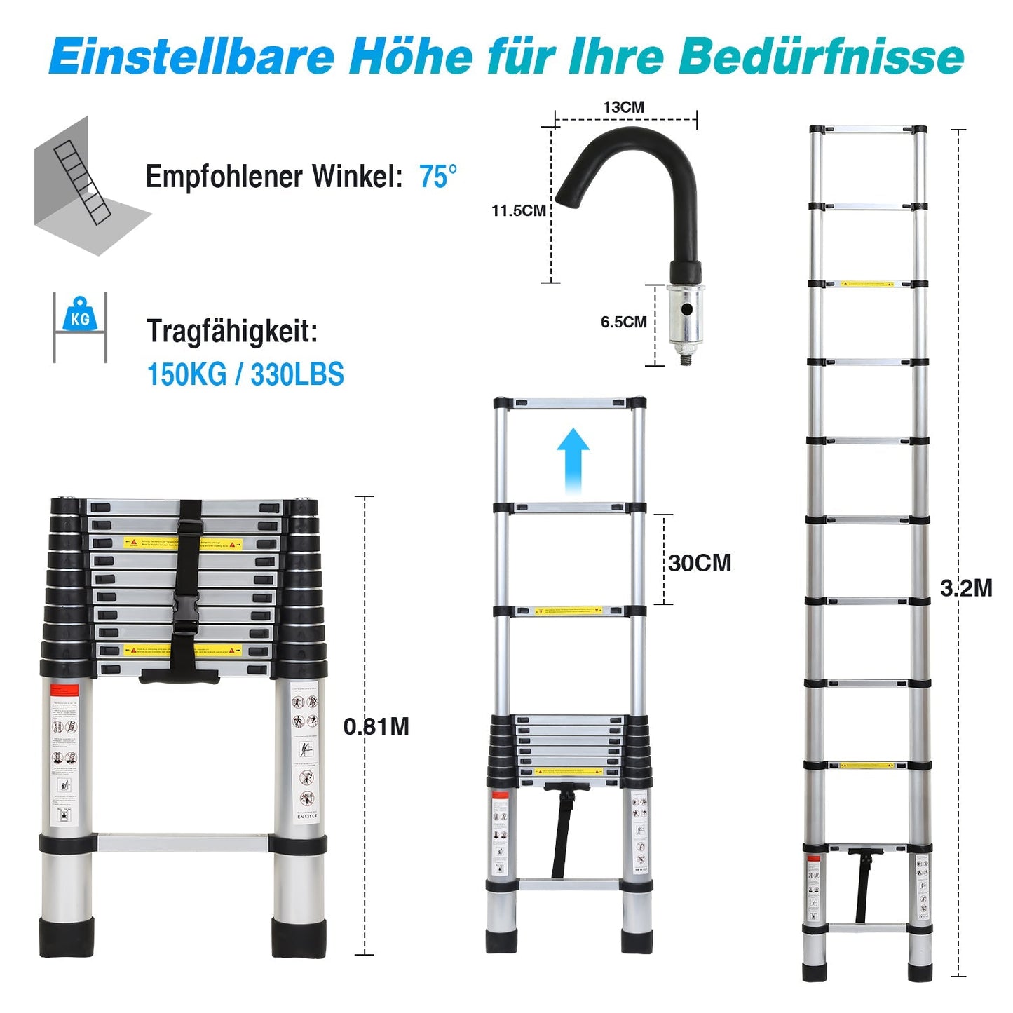 Teleskopleiter mit 2 Abnehmbarem Haken | Brehn