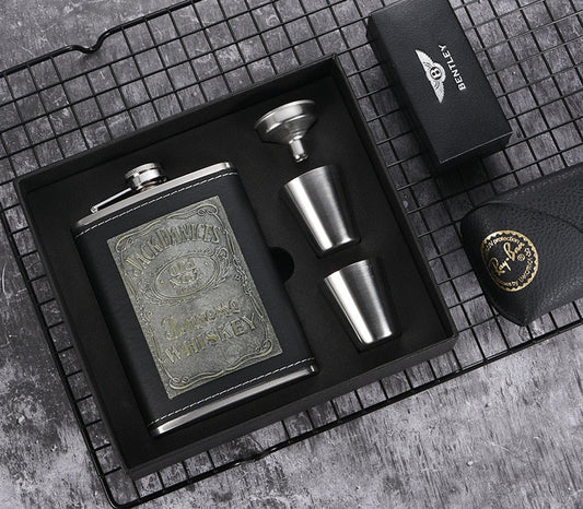 Brehn | 8oz Whisky-Flasche aus Edelstahl Alkohol-Trichter Hüftflasche Bestickte Goldene Seidenstoff Verpackung Geschenk-Box Set
