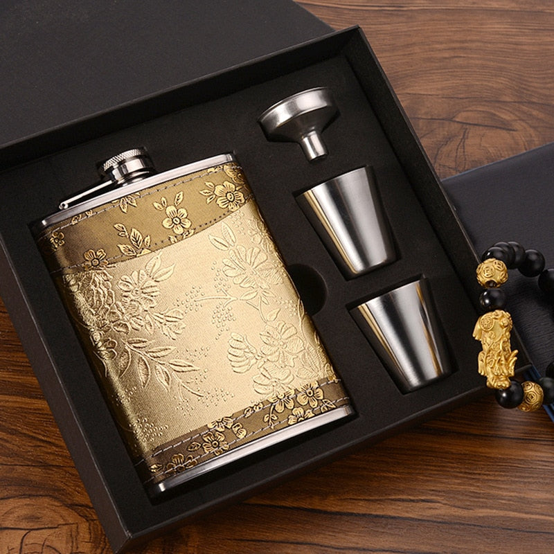 Brehn | 8oz Whisky-Flasche aus Edelstahl Alkohol-Trichter Hüftflasche Bestickte Goldene Seidenstoff Verpackung Geschenk-Box Set