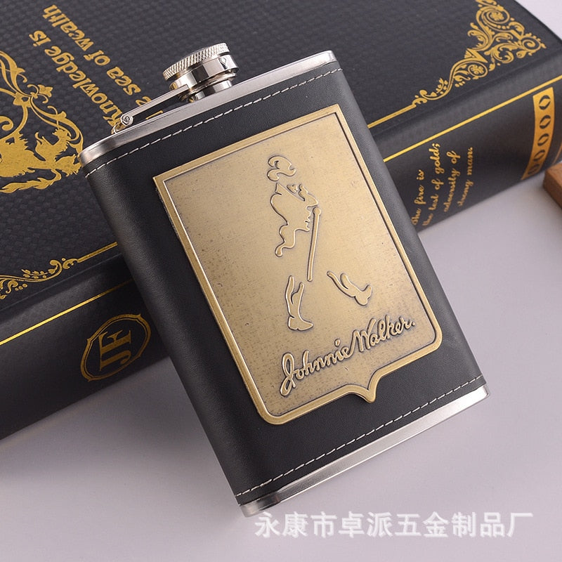 Brehn | 8oz Whisky-Flasche aus Edelstahl Alkohol-Trichter Hüftflasche Bestickte Goldene Seidenstoff Verpackung Geschenk-Box Set