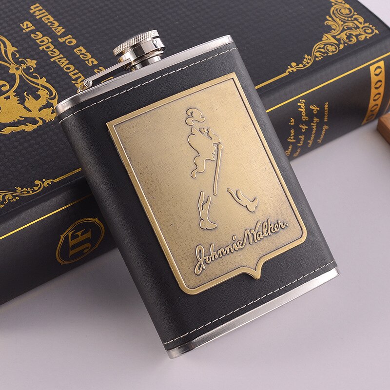 Brehn | 8oz Whisky-Flasche aus Edelstahl Alkohol-Trichter Hüftflasche Bestickte Goldene Seidenstoff Verpackung Geschenk-Box Set