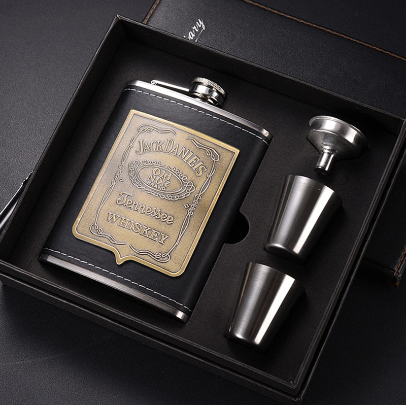 Brehn | 8oz Whisky-Flasche aus Edelstahl Alkohol-Trichter Hüftflasche Bestickte Goldene Seidenstoff Verpackung Geschenk-Box Set
