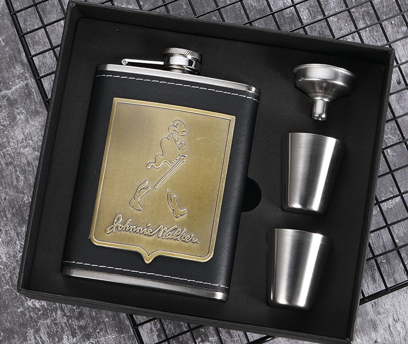 Brehn | 8oz Whisky-Flasche aus Edelstahl Alkohol-Trichter Hüftflasche Bestickte Goldene Seidenstoff Verpackung Geschenk-Box Set