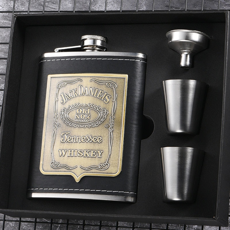 Brehn | 8oz Whisky-Flasche aus Edelstahl Alkohol-Trichter Hüftflasche Bestickte Goldene Seidenstoff Verpackung Geschenk-Box Set