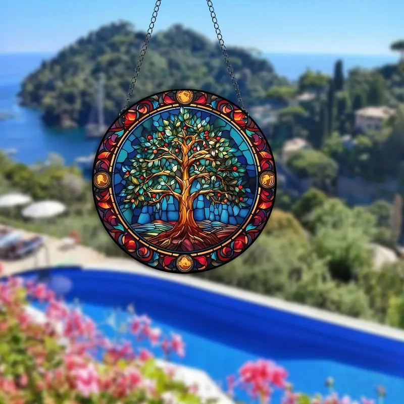 Wandbild mit Baummotiv aus Buntglas, hängend