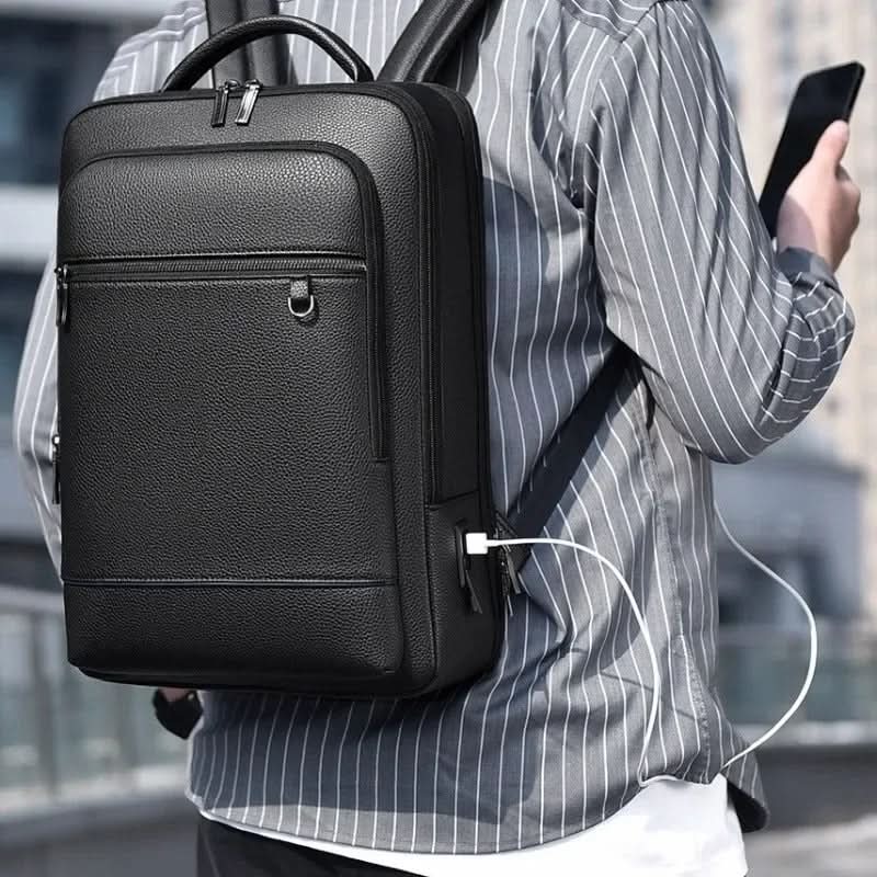 Eleganter Lederrucksack für Damen und Herren mit USB-Anschluss für Laptop und den täglichen Gebrauch, 15,6 Zoll, schwarz