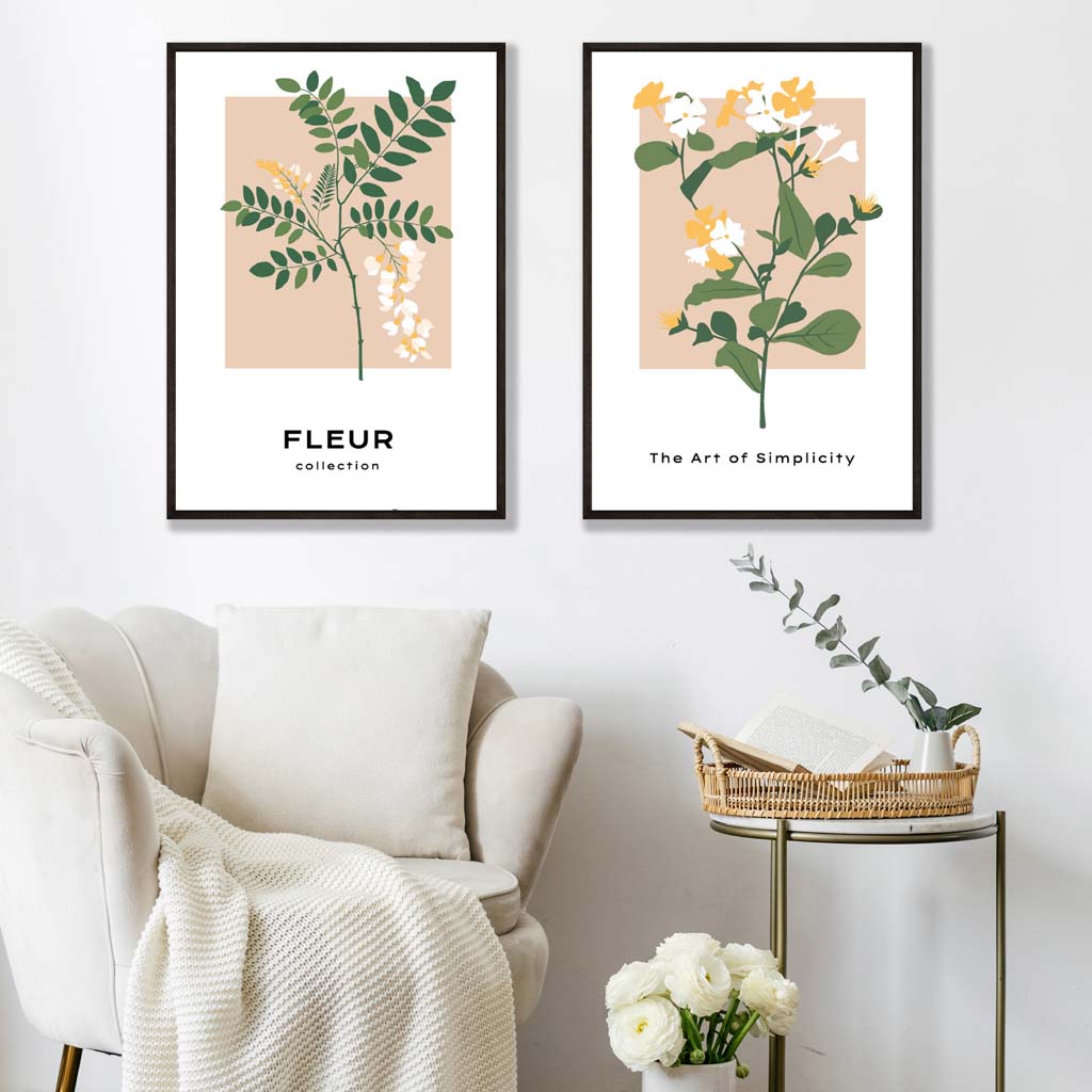 Set aus 2 Kunstdrucken mit beigen und grünen Wildblumenmotiven