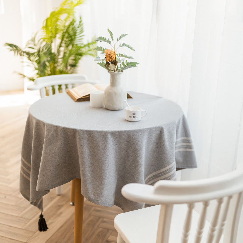 Rechteckige Leinenoptik-Tischdecke mit Fransenquaste und seitlichem Streifenbordüren-Design Brehn