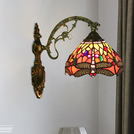 1-Kopf Schlafzimmer Wandlampe Tiffany Bronze Wandleuchte mit Kegel Libellenmuster Glas Schirm