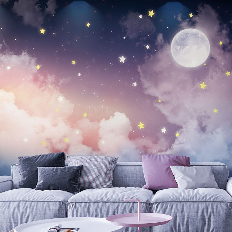 Brehn | Full Size Mural Calming Novelty Moon and Star Wall Decor in Pink and Purple