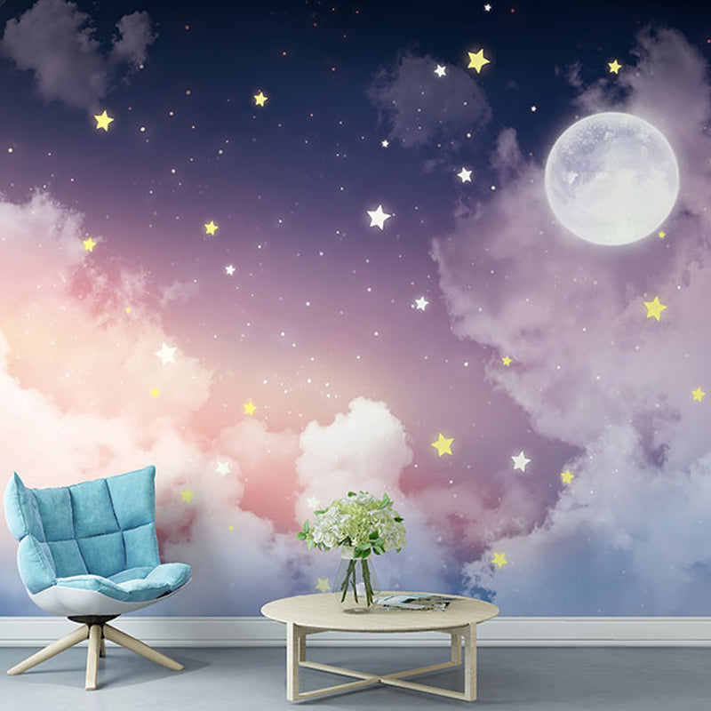 Brehn | Full Size Mural Calming Novelty Moon and Star Wall Decor in Pink and Purple