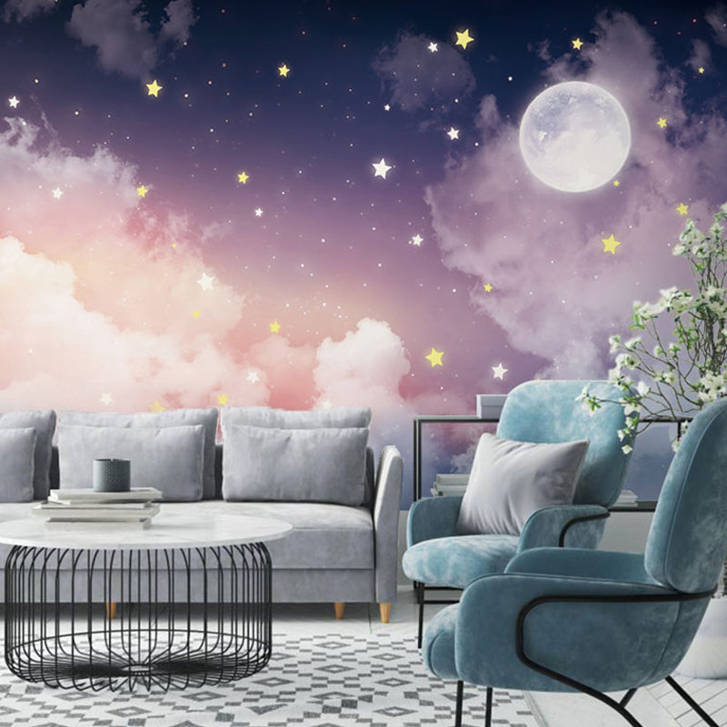 Brehn | Full Size Mural Calming Novelty Moon and Star Wall Decor in Pink and Purple