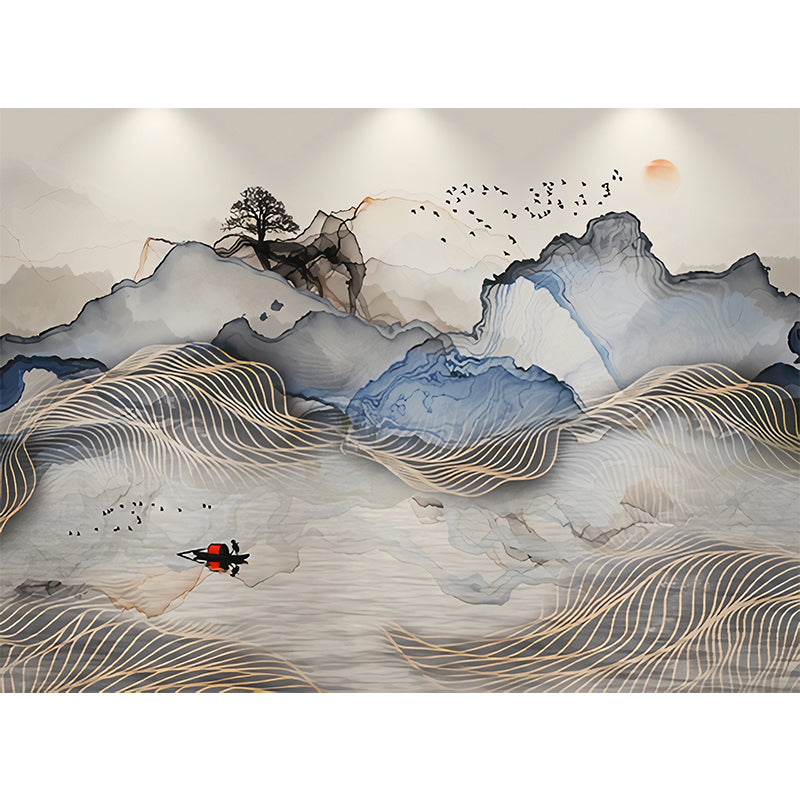 Brehn | Minimalistische Wandtapete Graue und Blaue Berge und Sonne Wandbedeckung für Galerie, Vliesmaterial