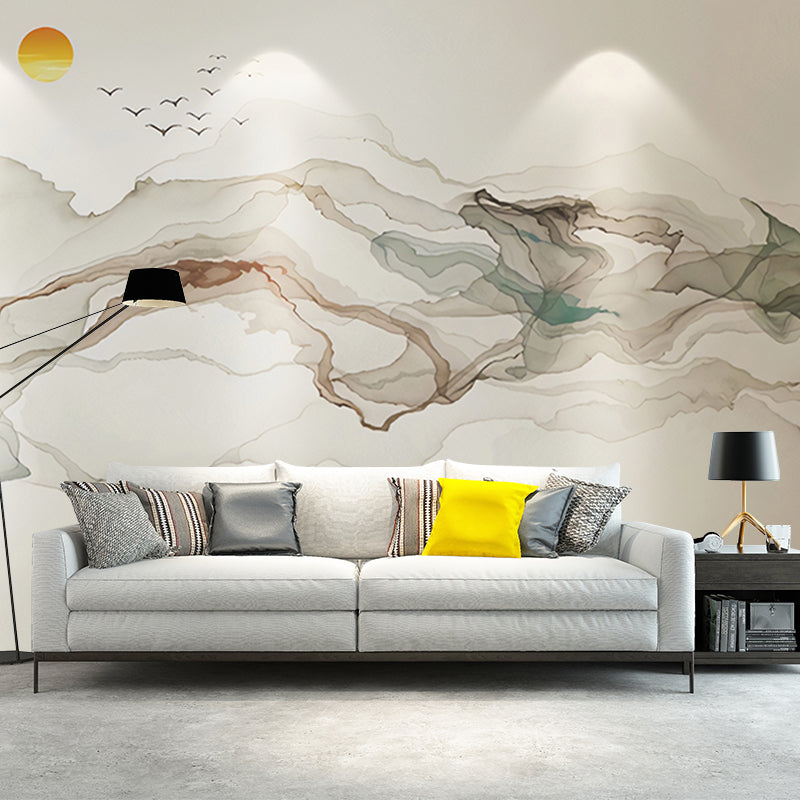 Brehn | Grote illustratie zonsopgang wandtapijt voor de woningdecoratie in grijs en blauw, op maat gemaakte maten beschikbaar