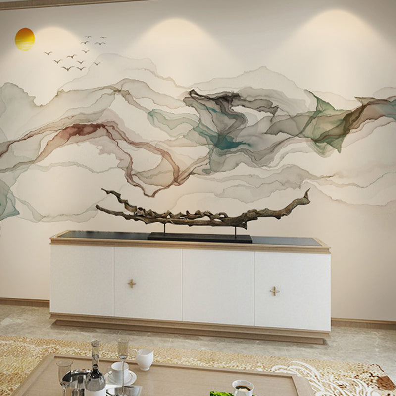 Brehn | Grote illustratie zonsopgang wandtapijt voor de woningdecoratie in grijs en blauw, op maat gemaakte maten beschikbaar