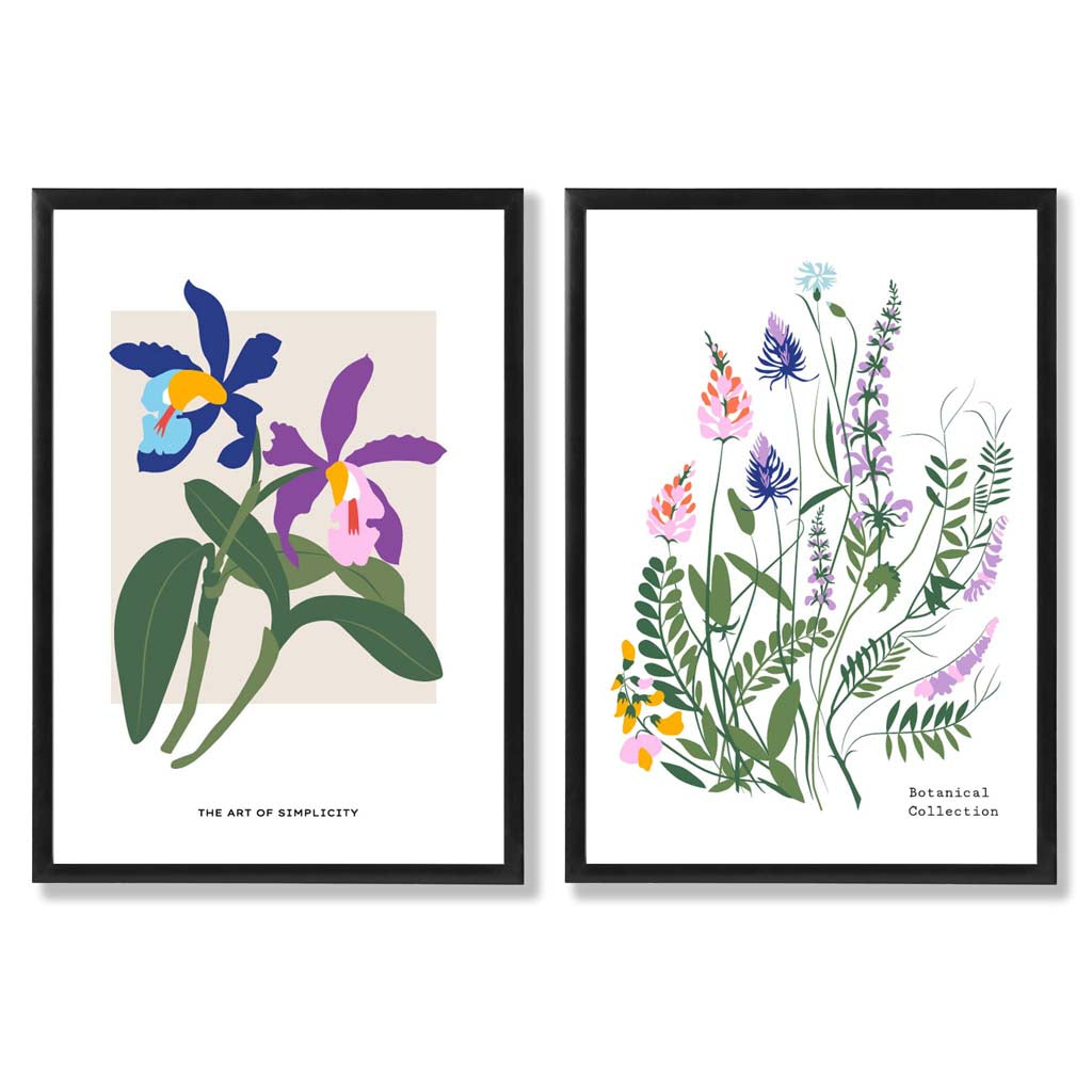 Bunte Frühlingsblumen-Illustration, gerahmtes Set aus 2 Kunstdrucken