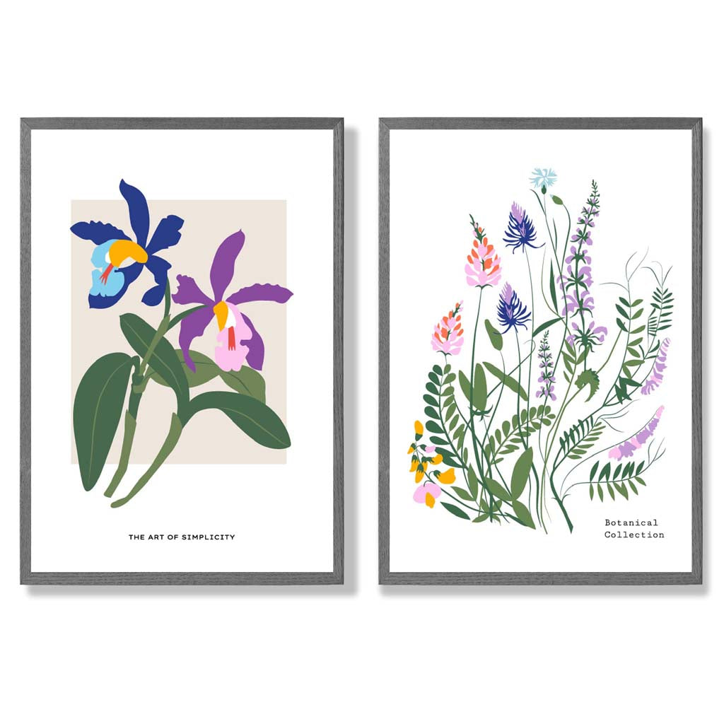 Bunte Frühlingsblumen-Illustration, gerahmtes Set aus 2 Kunstdrucken